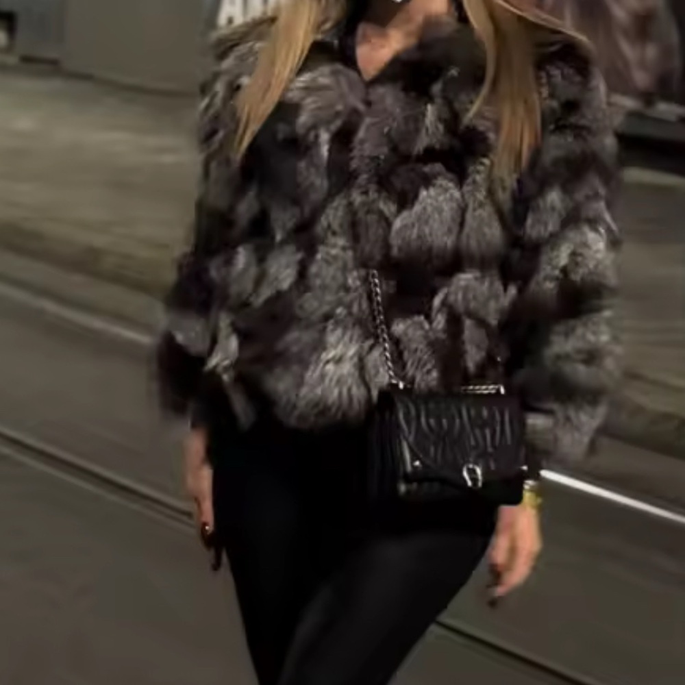 Elegant Gray & Brown Colored 
Real Fox Fur Jacket - Picture 2 of 8